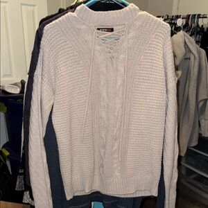 Stylish Beige Cable Knit Sweater with Lace-Up Detail